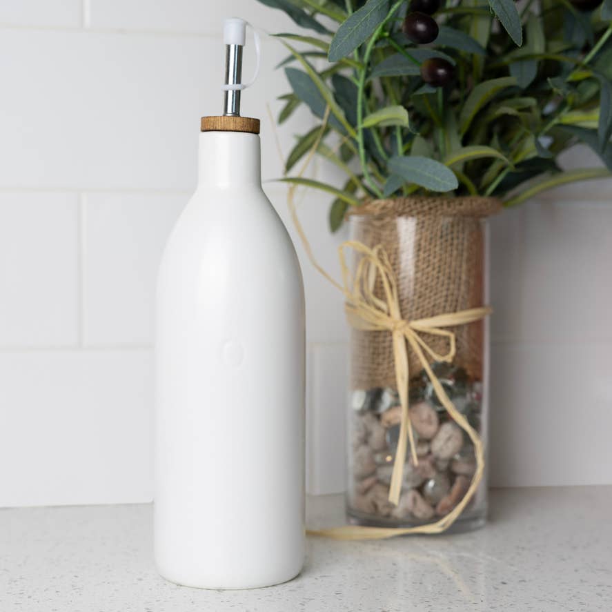 White Ceramic Olive Oil Dispenser Bottle, 17 oz