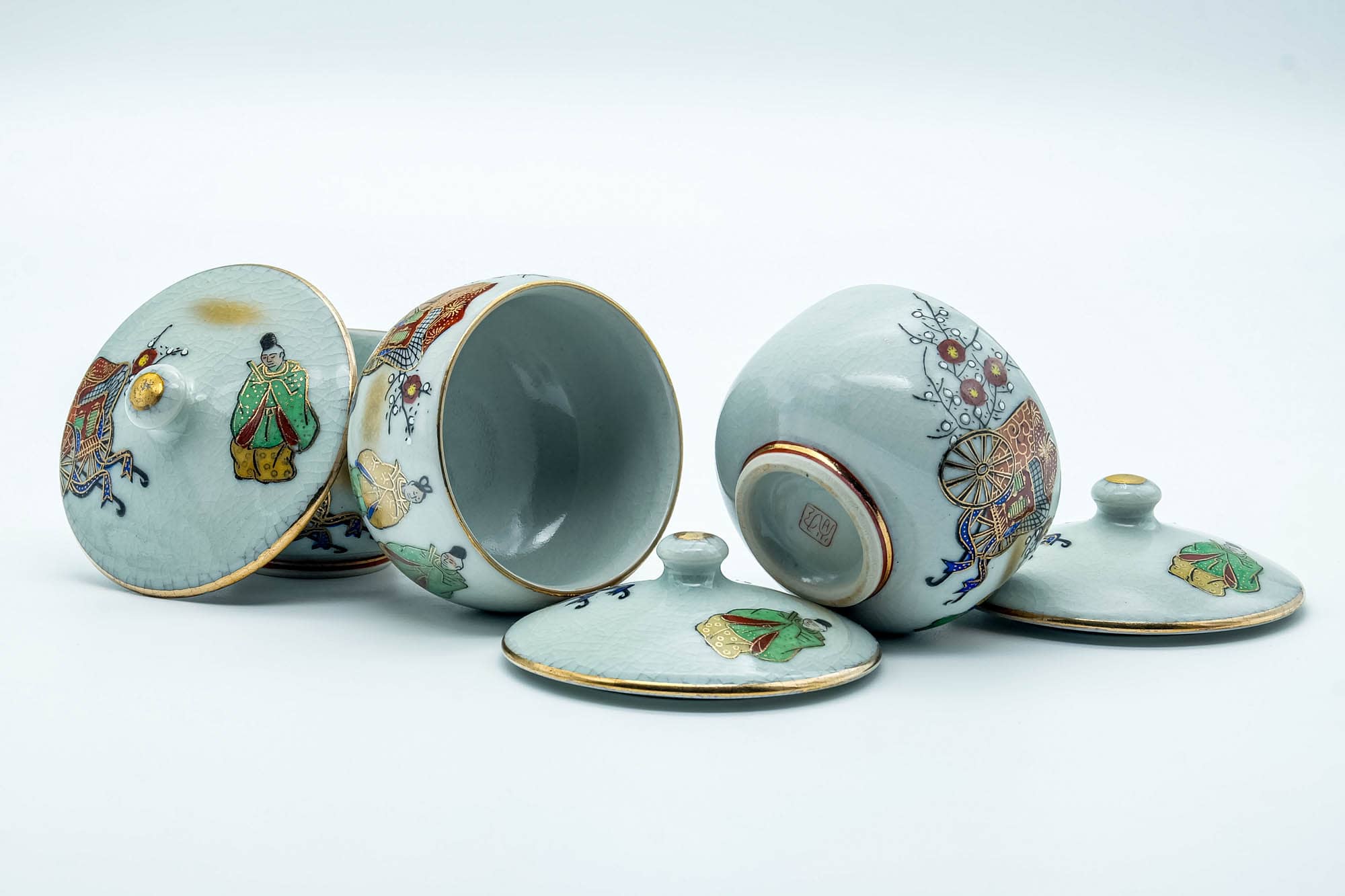 Japanese Tea Set - Villager Decorated Kutani-yaki Kyusu Teapot with 3 Lidded Yunomi Teacups