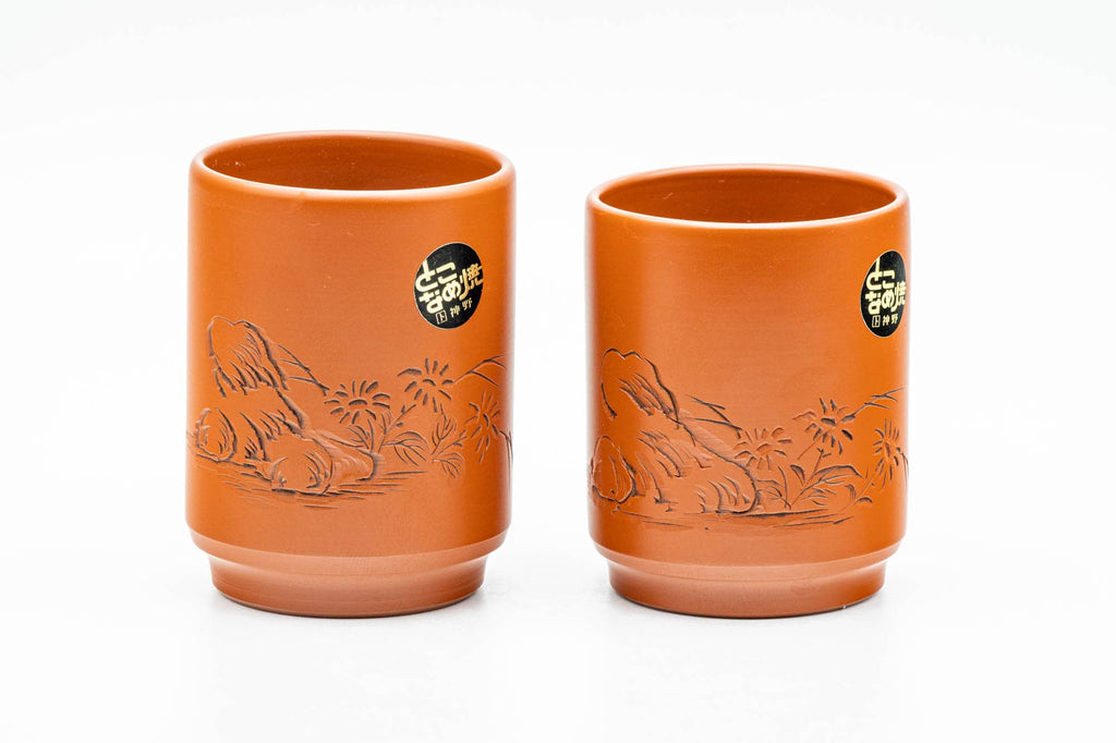 Japanese Tea Set - 順仙 新帯 Junsen Shintai - Engraved Tokoname-yaki Debeso Kyusu Teapot with 2 Yunomi Teacups