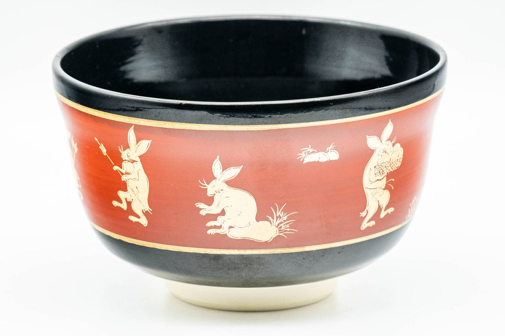 Japanese Matcha Bowl - Gold Bunny Rabbits Black Red Glazed Kyo-yaki Chawan - 350ml