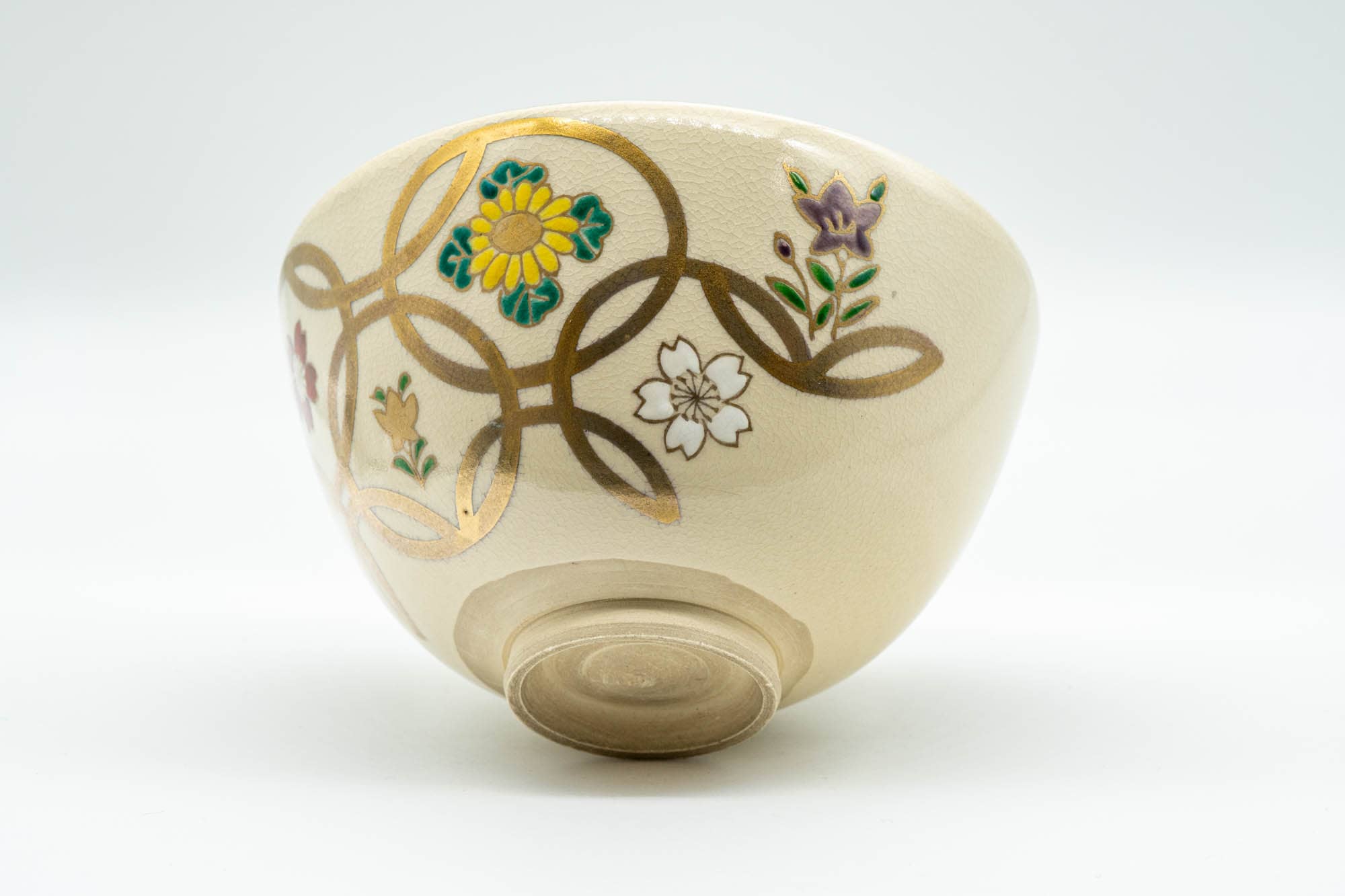 Japanese Matcha Bowl - Floral Geometric Gold Kyo-yaki Chawan - 300ml