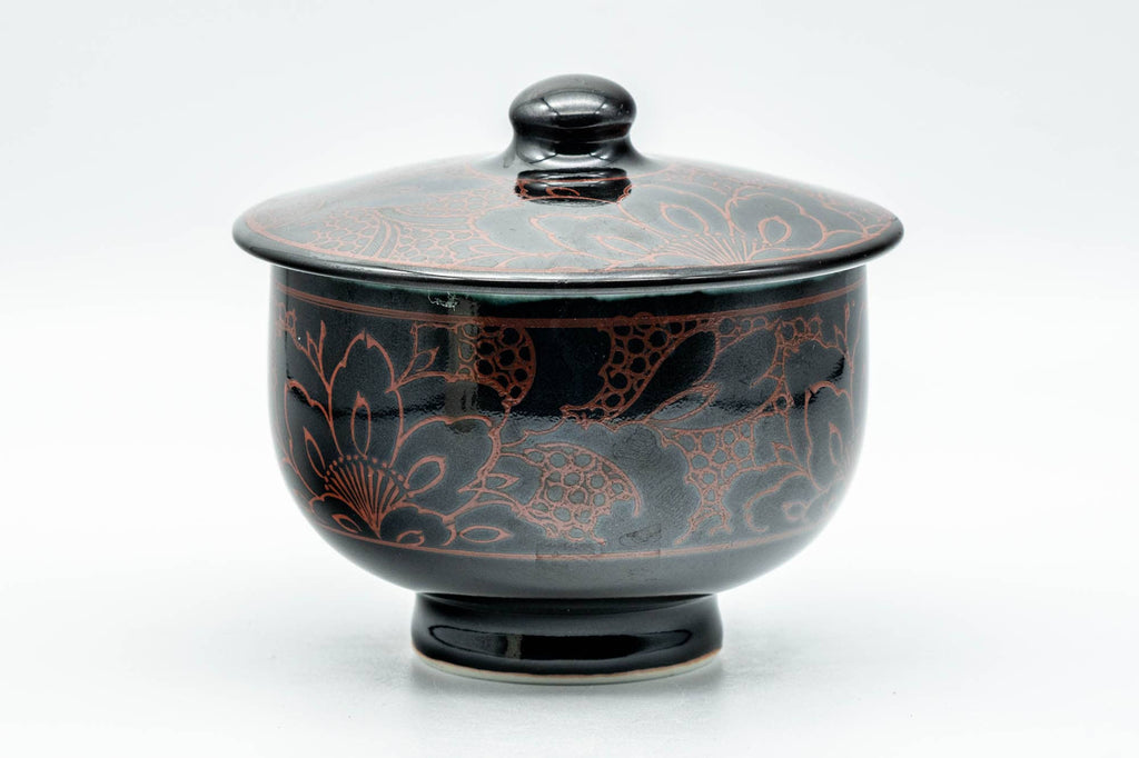 Japanese Teacup - Black Red Floral White Inner Glazed Arita-yaki Lidded Yunomi - 170ml
