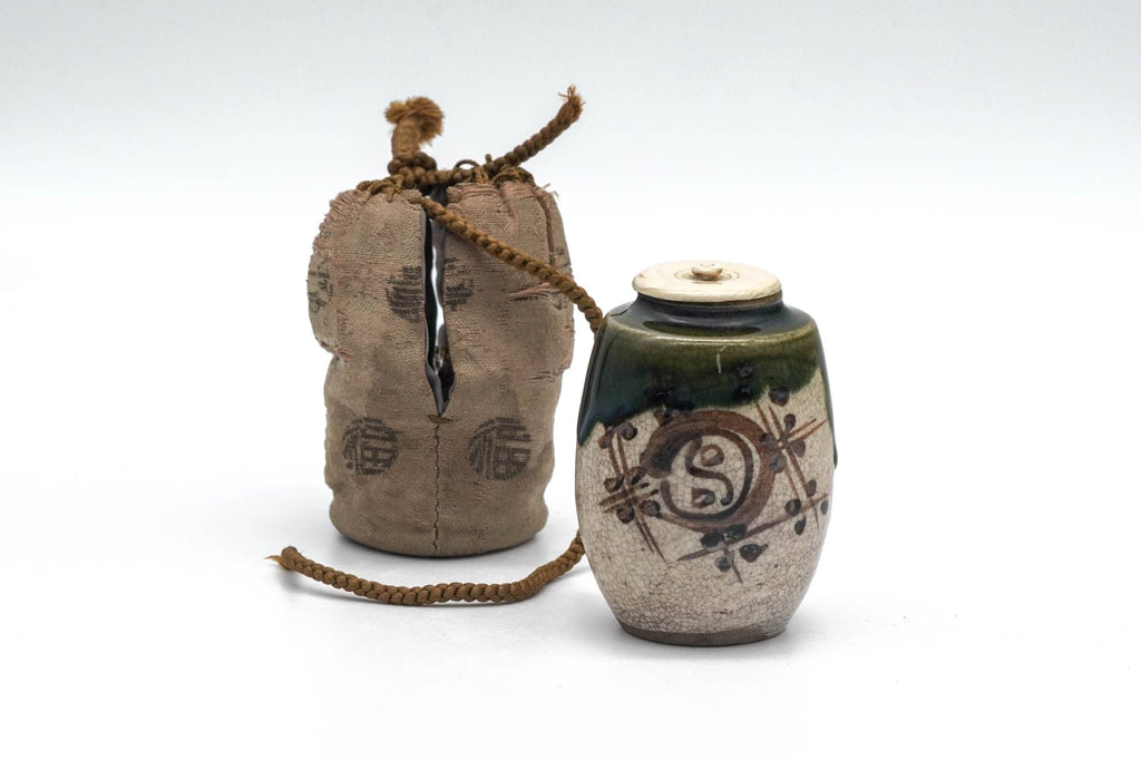 Japanese Chaire - Beige Green Oribe-yaki Tea Jar with Shifuku