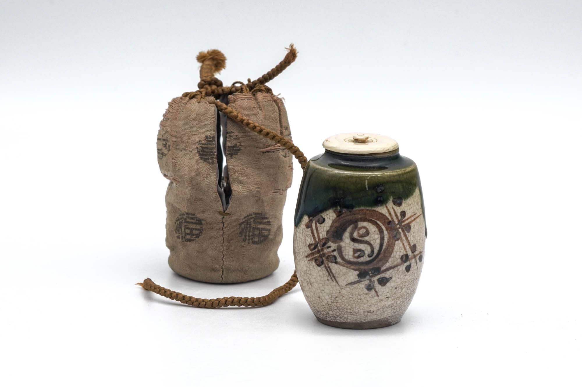 Japanese Chaire - Beige Green Oribe-yaki Tea Jar with Shifuku