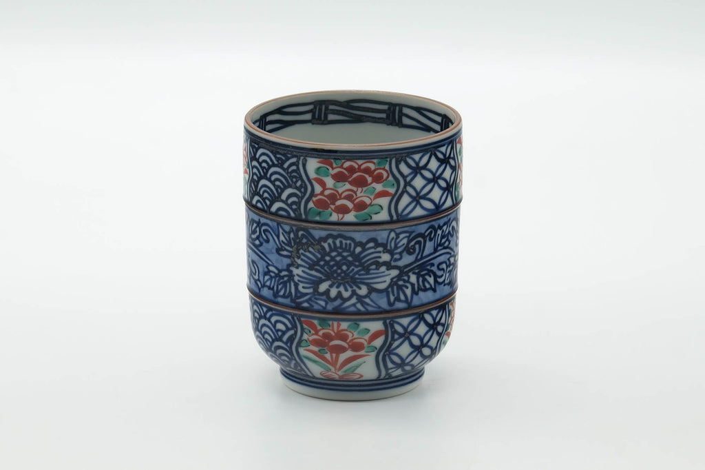 Japanese Teacup - Blue Floral Geometric Arita-yaki Yunomi - 245ml
