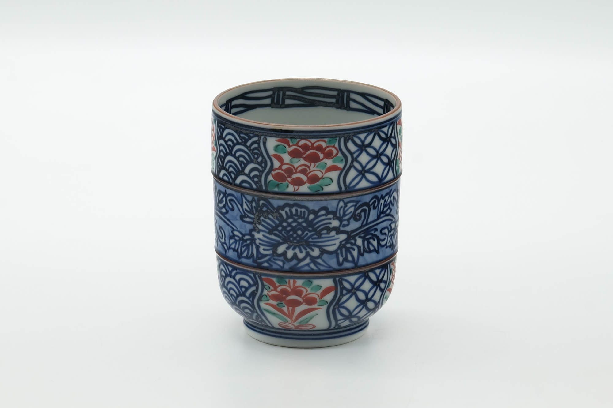 Japanese Teacup - Blue Floral Geometric Arita-yaki Yunomi - 245ml