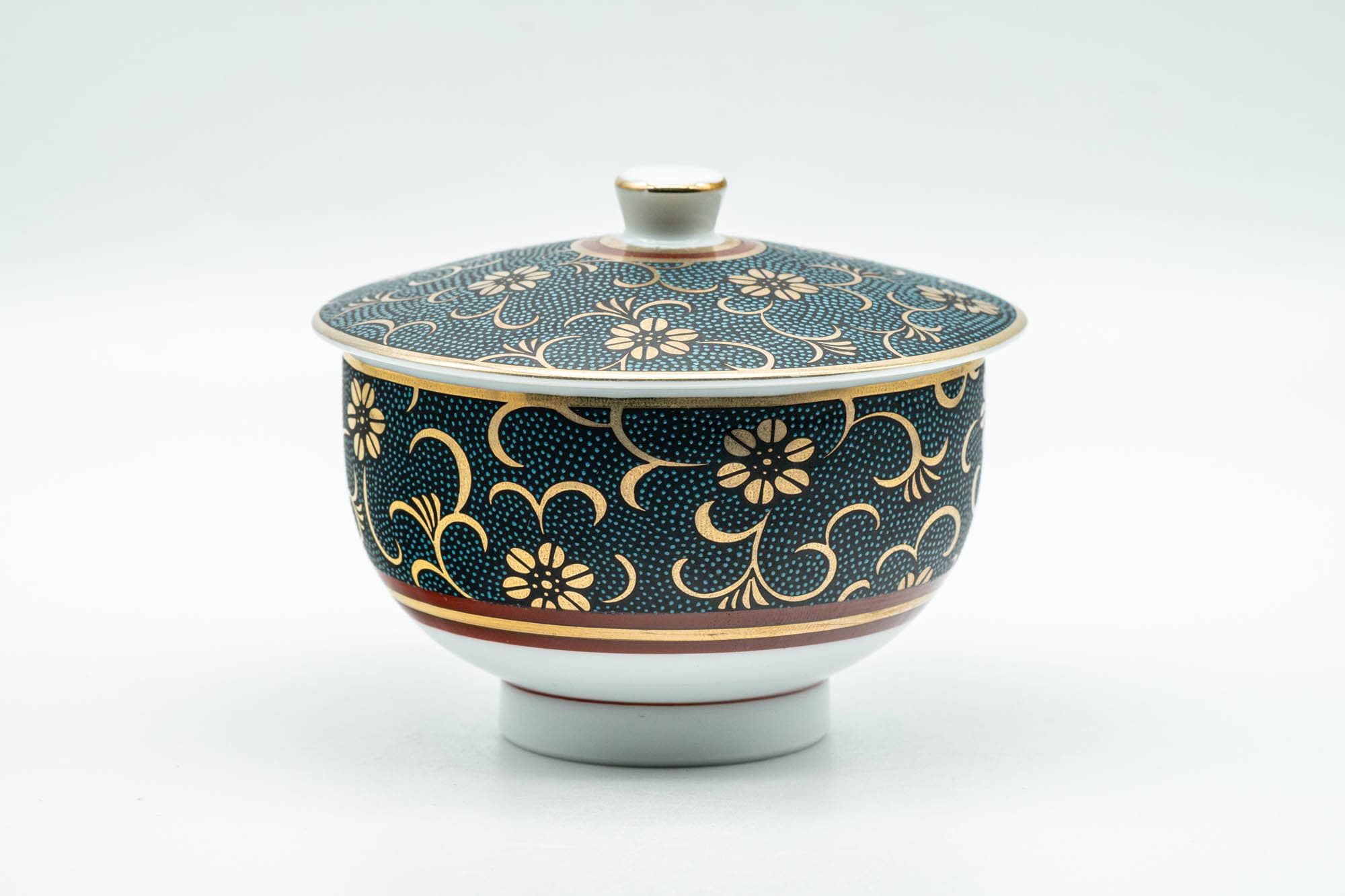 Japanese Teacup - 九谷焼 Floral Gold Aochibu Kutani-yaki Porcelain Lidded Yunomi - 120ml