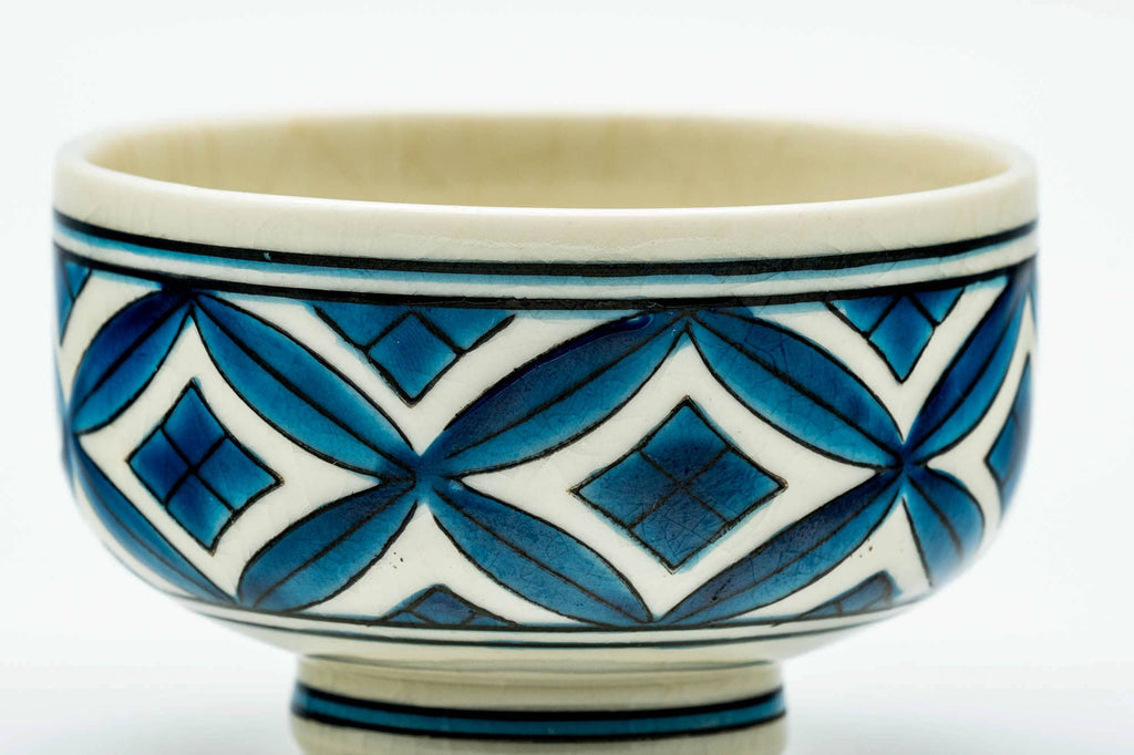 Japanese Teacup - Blue Geometric Kutani-yaki Lidded Yunomi - 130ml