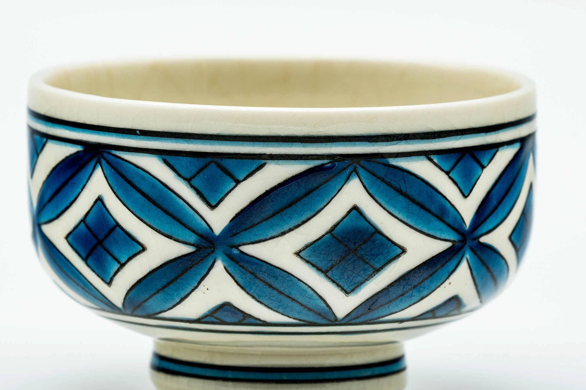 Japanese Teacup - Blue Geometric Kutani-yaki Lidded Yunomi - 130ml