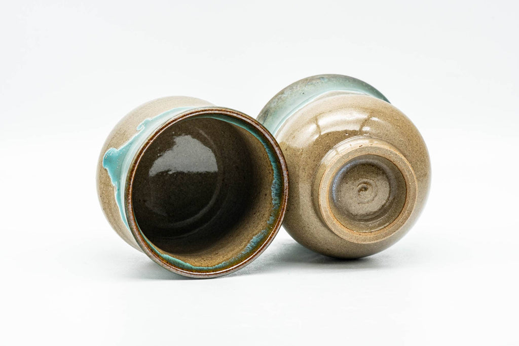 Japanese Teacups - Pair of Olive Green Turquoise Drip-Glazed Agano-yaki Yunomi - 110ml