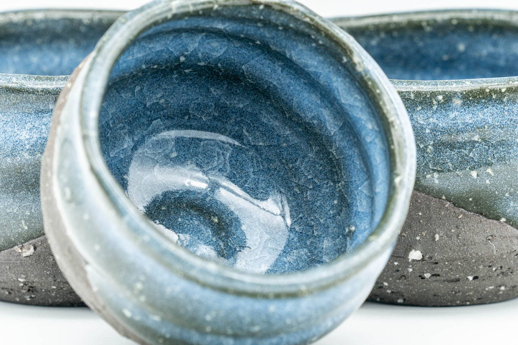 Japanese Teacups - Set of 3 Blue Celadon Snowflake Glazed Stoneware Guinomi - 60ml