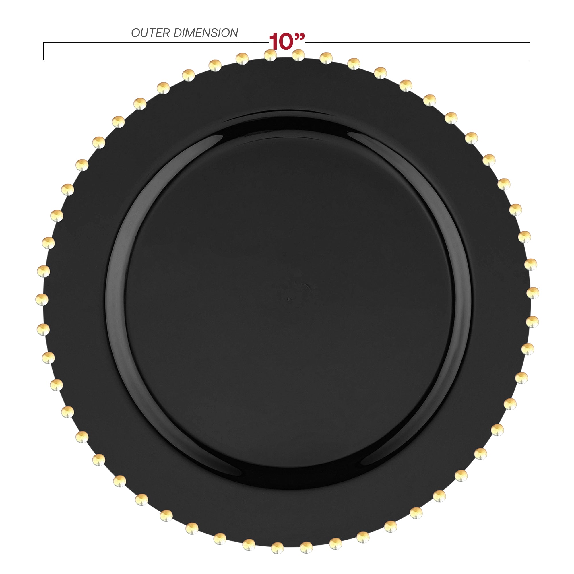 Black with Gold Pearl String Round Disposable Plastic Dinner Plates (10”)