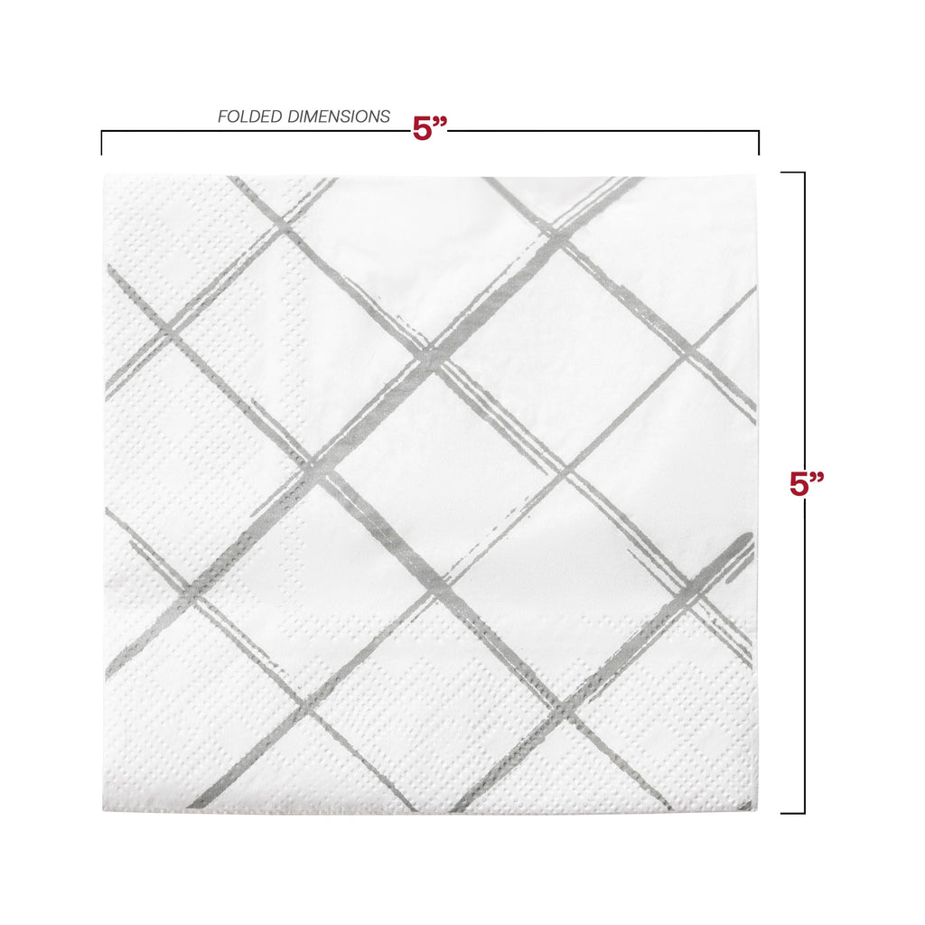 White with Silver Diamond Paper Beverage/Cocktail Napkins