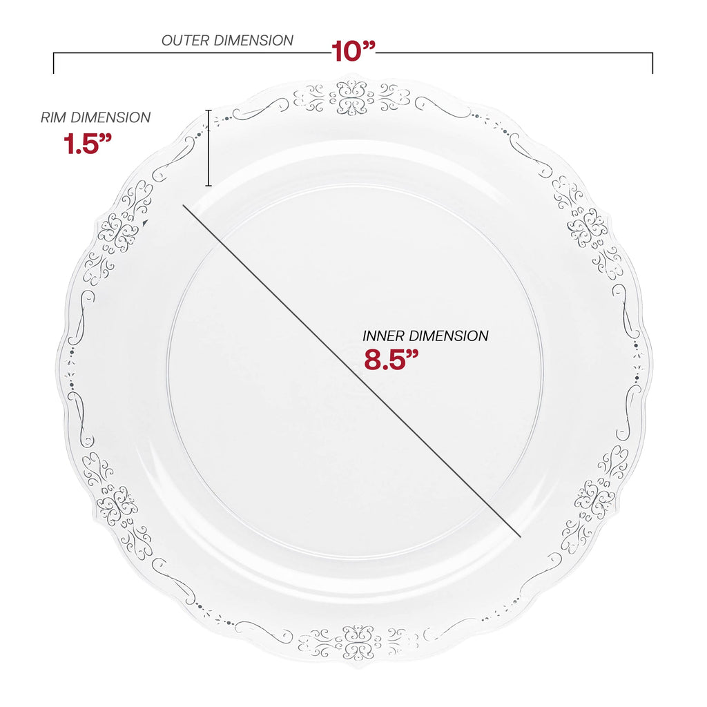 Clear with Silver Vintage Rim Round Disposable Plastic Dinner Plates (10")