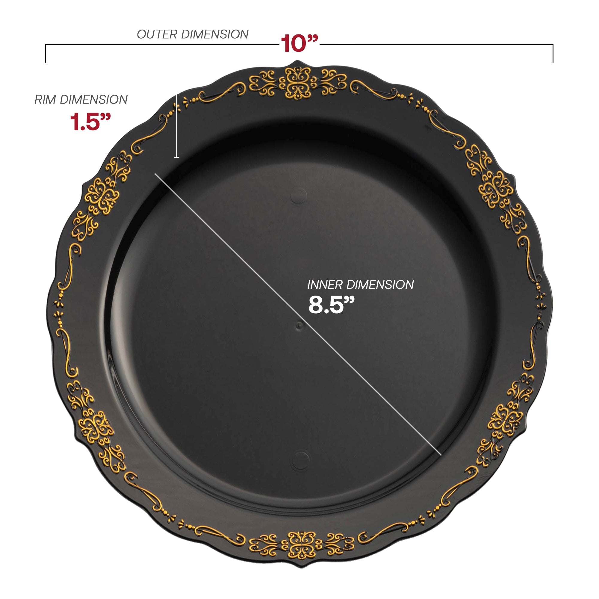 Black with Gold Vintage Rim Round Disposable Plastic Dinner Plates (10")