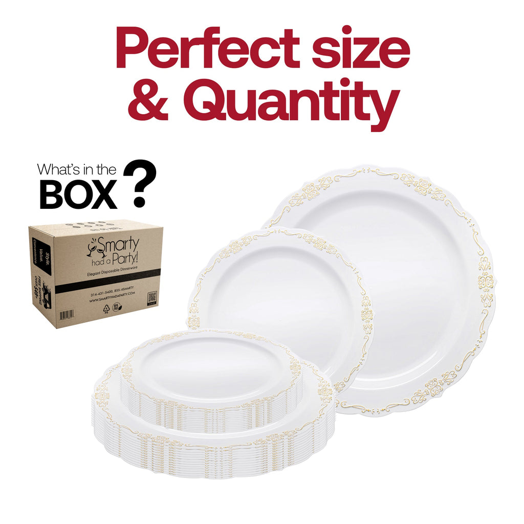 White with Gold Vintage Rim Round Disposable Plastic Dinnerware Value Set
