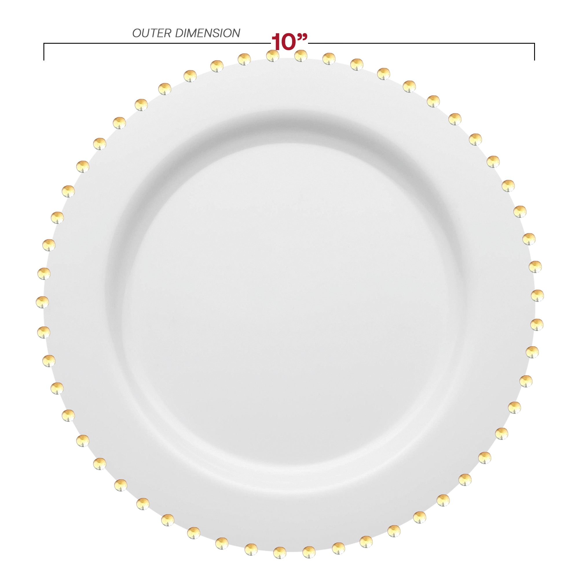 White with Gold Pearl String Round Disposable Plastic Dinner Plates (10”)