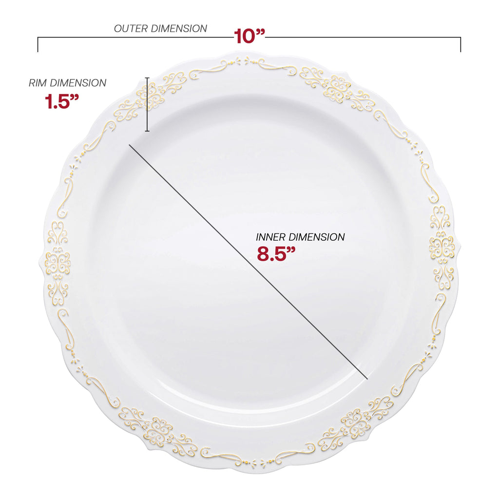 White with Gold Vintage Rim Round Disposable Plastic Dinner Plates (10")