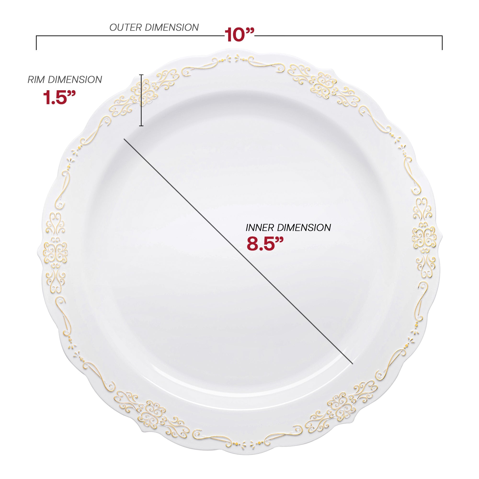 White with Gold Vintage Rim Round Disposable Plastic Dinner Plates (10")