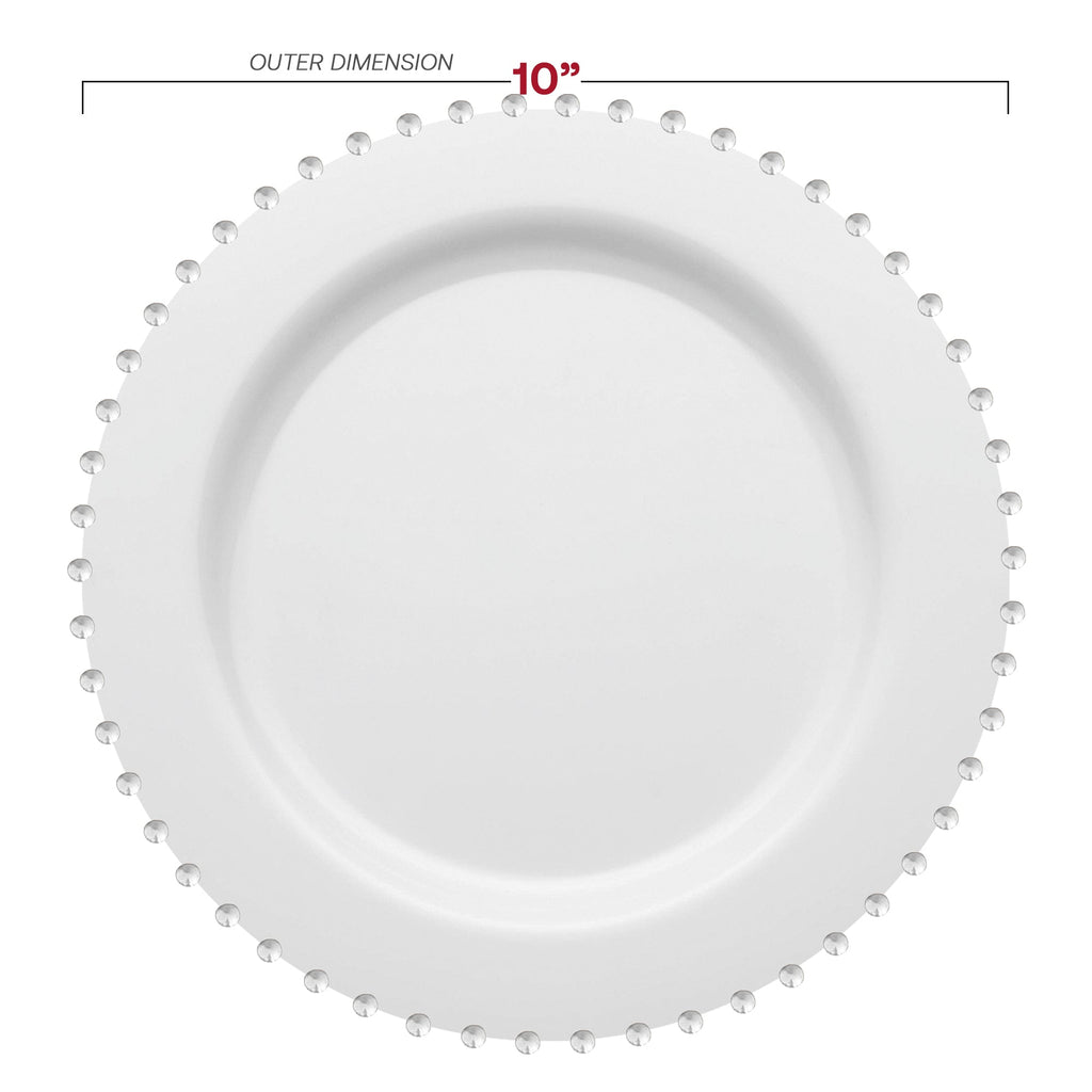 White with Silver Pearl String Round Disposable Plastic Dinner Plates (10”)