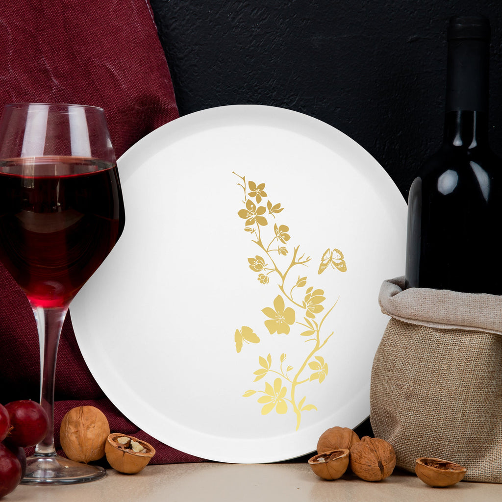 White with Gold Floral Round Plastic Appetizer/Salad Plates (8.5")