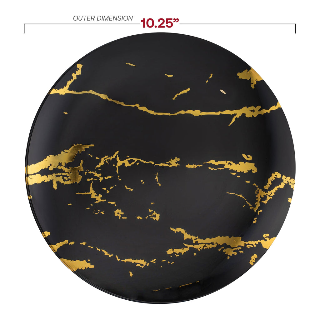 Black with Gold Marble Stroke Round Disposable Plastic Dinner Plates (10.25")