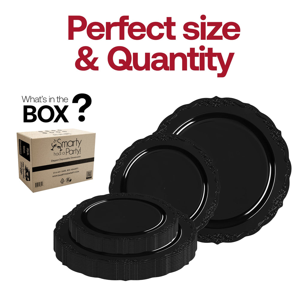 Black Vintage Rim Round Disposable Plastic Dinnerware Value Set