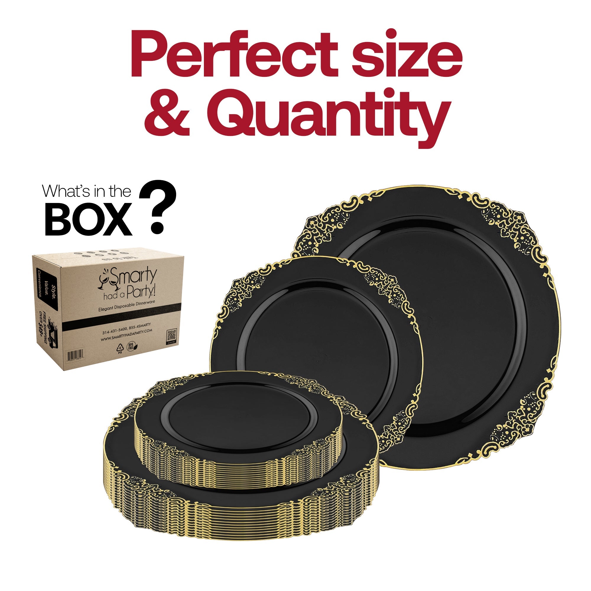 Black with Gold Fancy Round Disposable Plastic Dinnerware Value Set