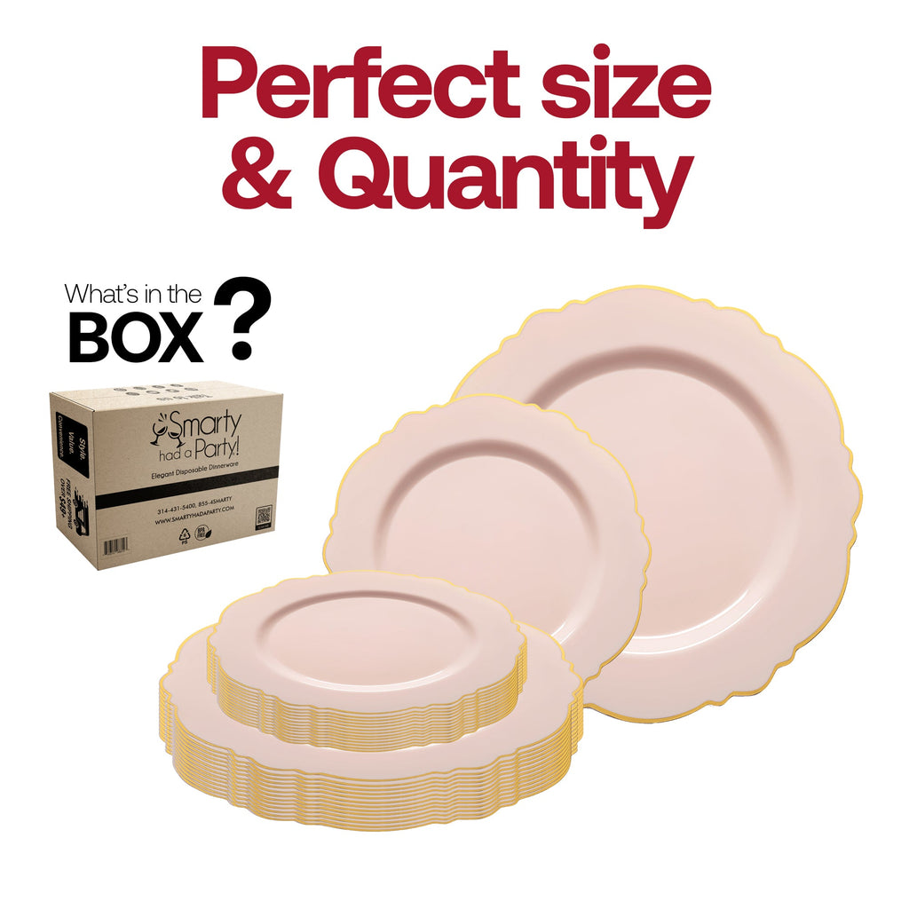 Pink with Gold Rim Round Blossom Disposable Plastic Dinnerware Value Set