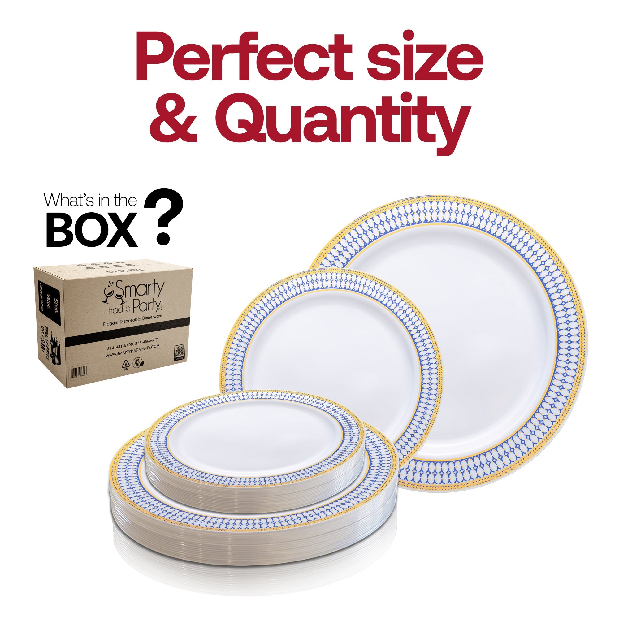 White with Blue and Gold Chord Rim Plastic Dinnerware Value Set
