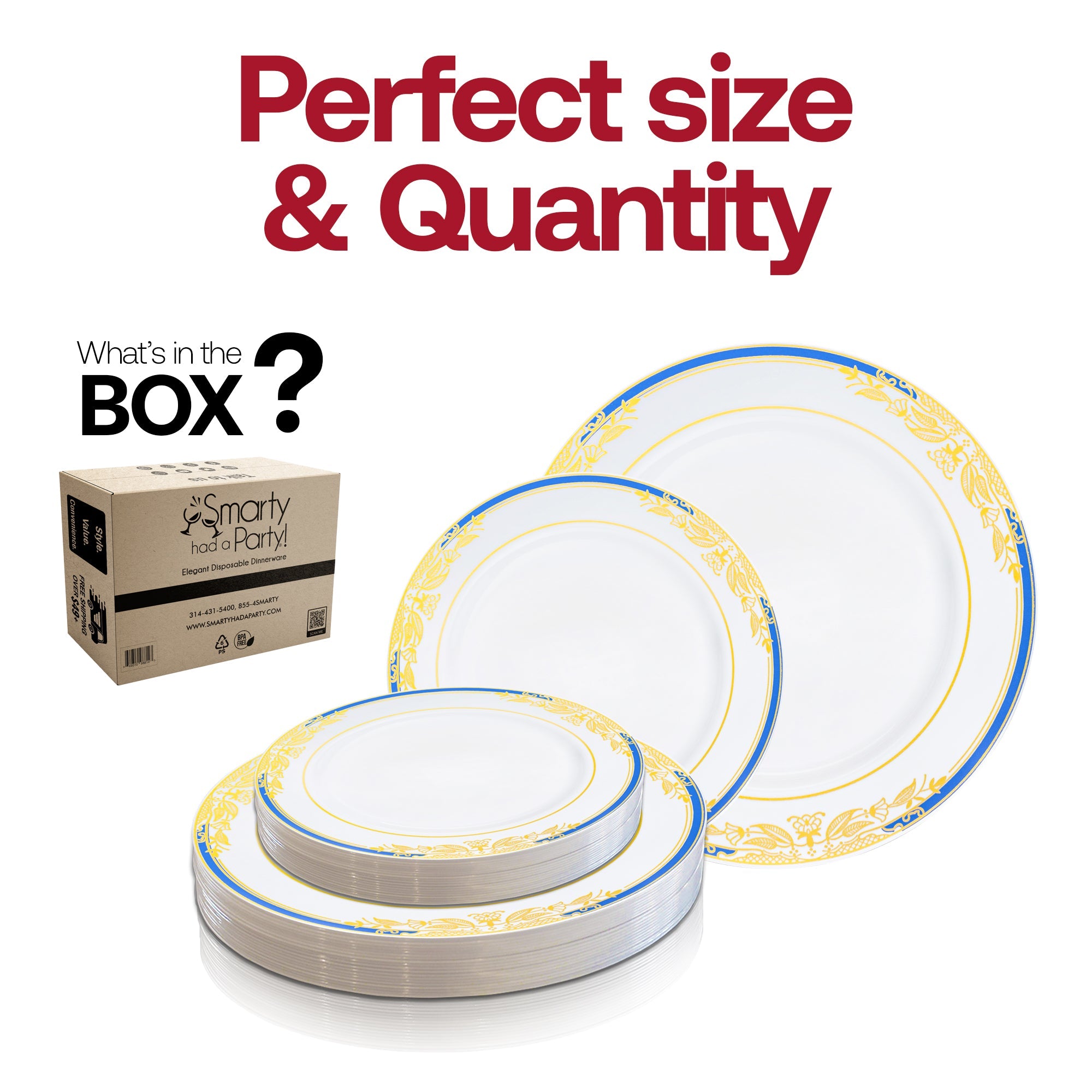 White with Blue and Gold Harmony Rim Plastic Dinnerware Value Set