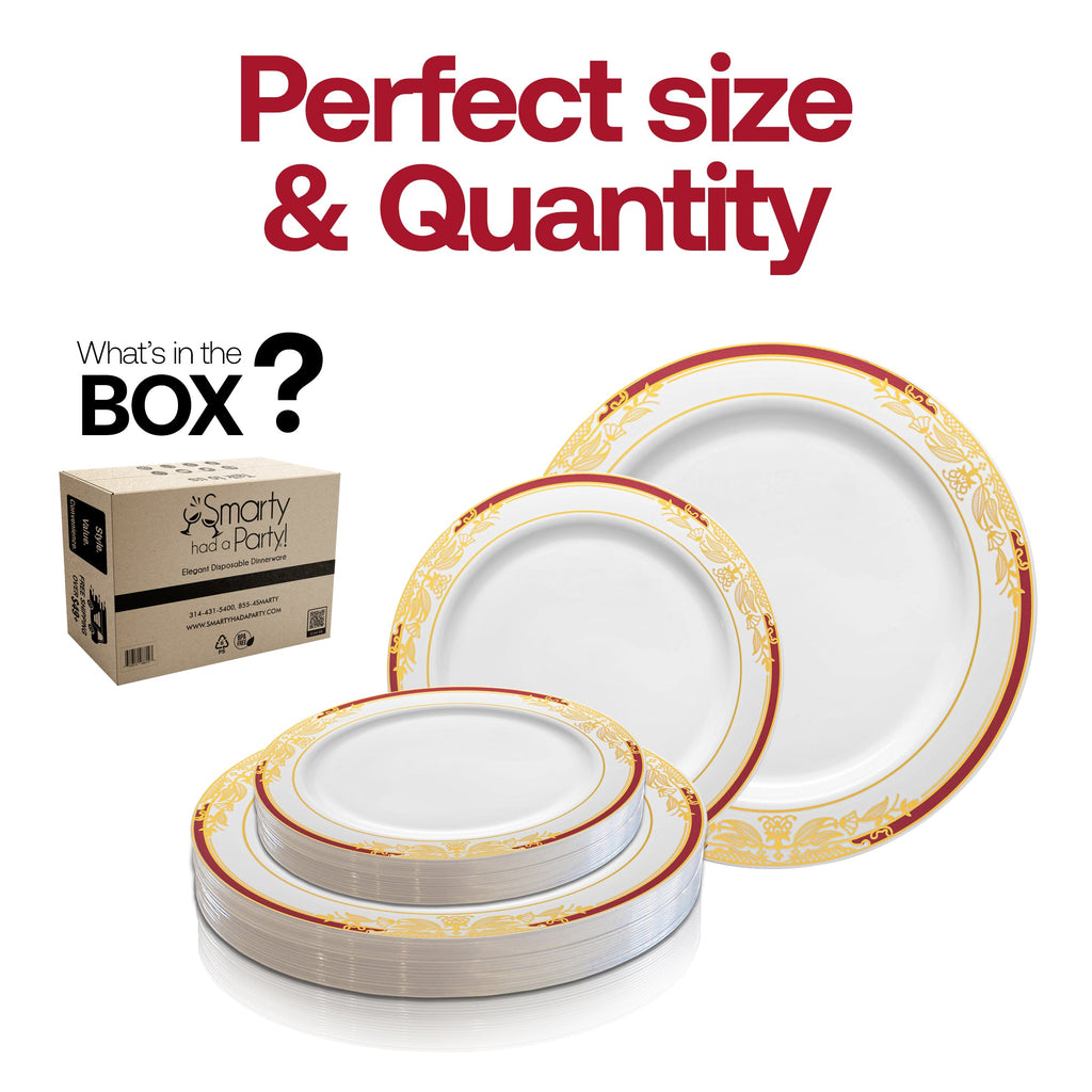 White with Burgundy and Gold Harmony Rim Plastic Dinnerware Value Set