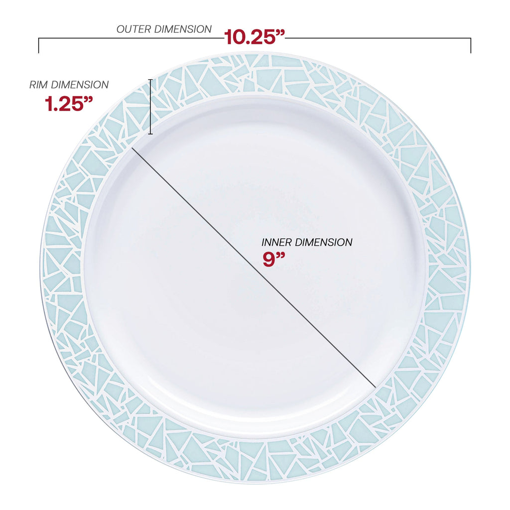 White with Turquoise Blue and Silver Mosaic Rim Round Plastic Dinner Plates (10.25")