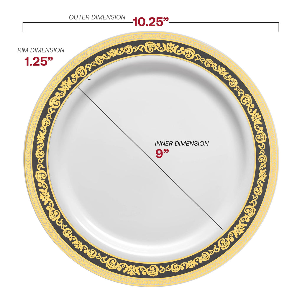 White with Black and Gold Royal Rim Plastic Dinner Plates (10.25")