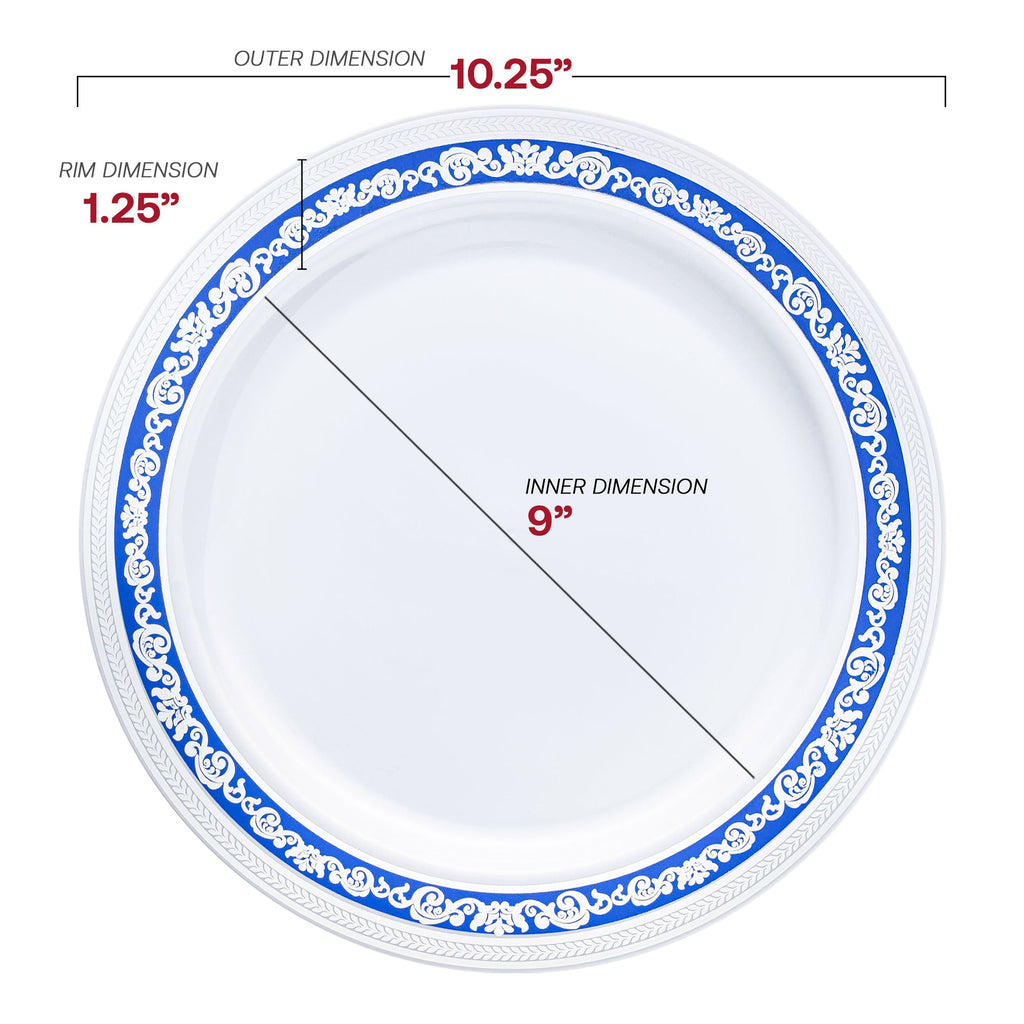 White with Blue and Silver Royal Rim Plastic Dinner Plates (10.25")