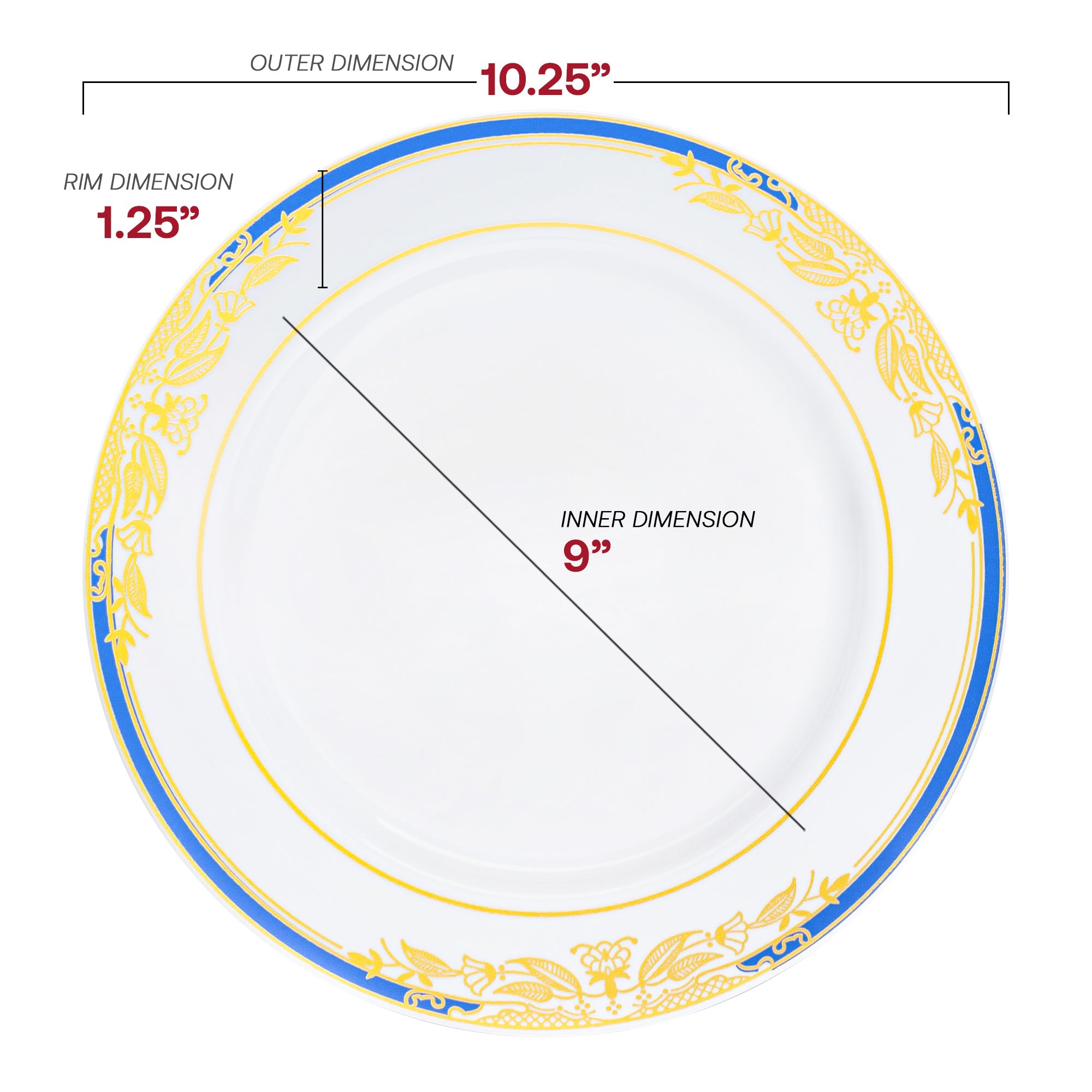 White with Blue and Gold Harmony Rim Plastic Dinner Plates (10.25")
