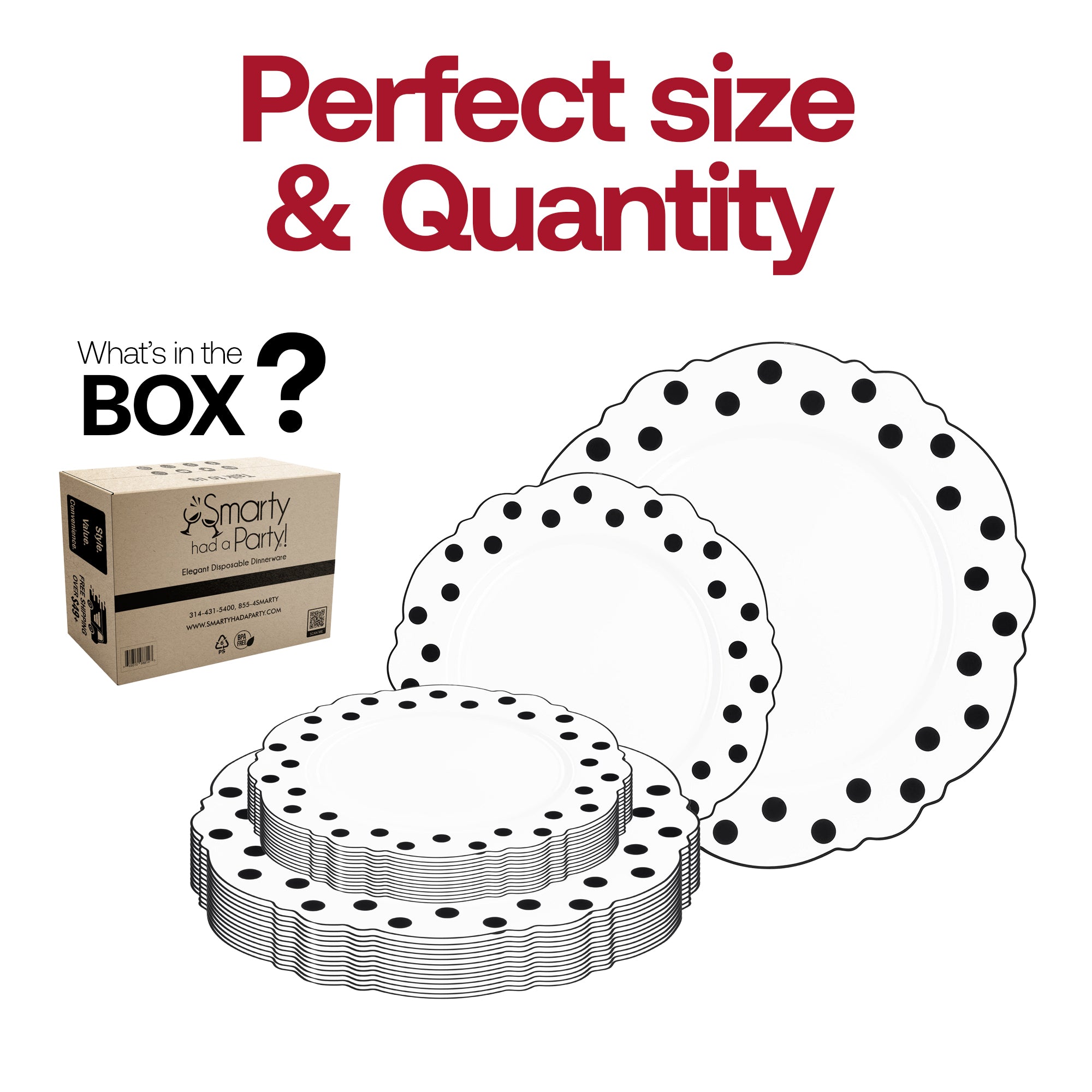 White with Black Dots Round Blossom Disposable Plastic Dinnerware Value Set