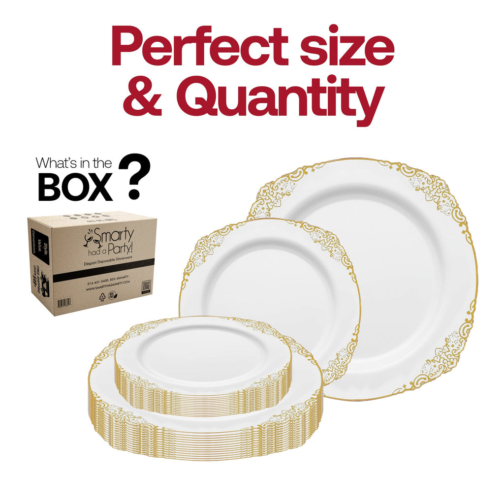 White with Gold Fancy Round Disposable Plastic Dinnerware Value Set
