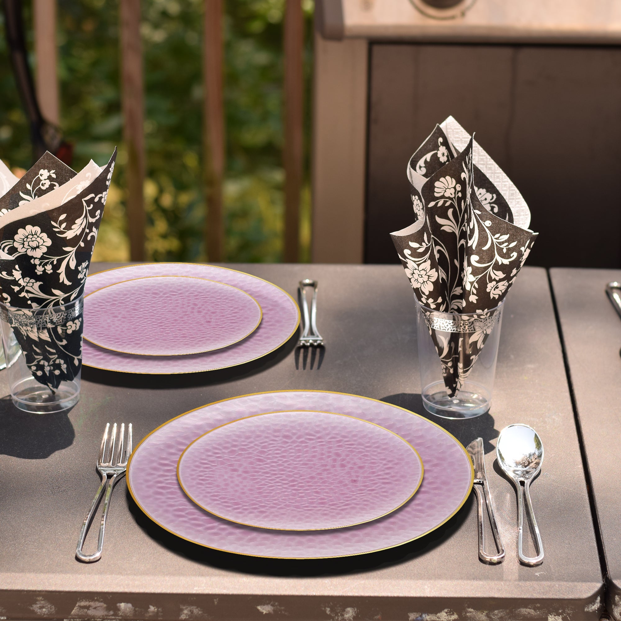 Clear Pink with Gold Rim Hammered Glass Disposable Plastic Dinner Plates (10.25")