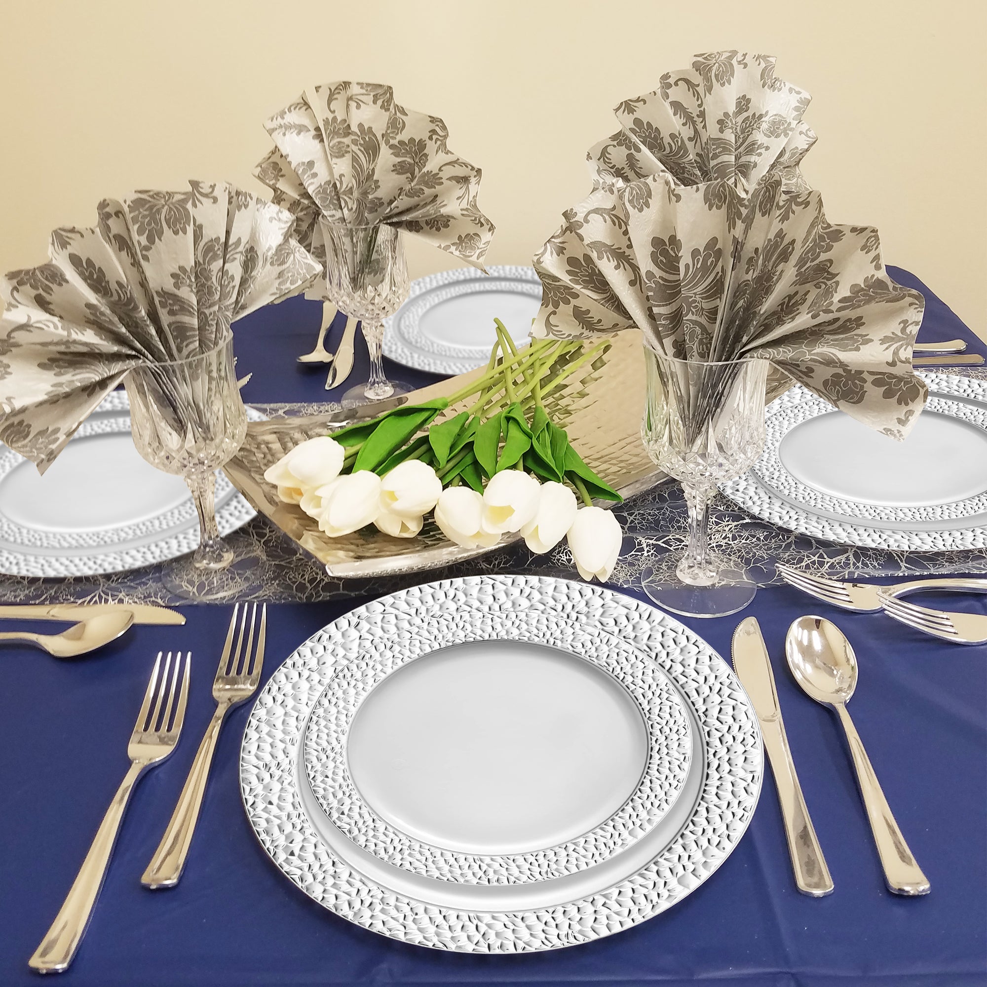 White with Silver Hammered Rim Round Plastic Dinner Plates (10.25")