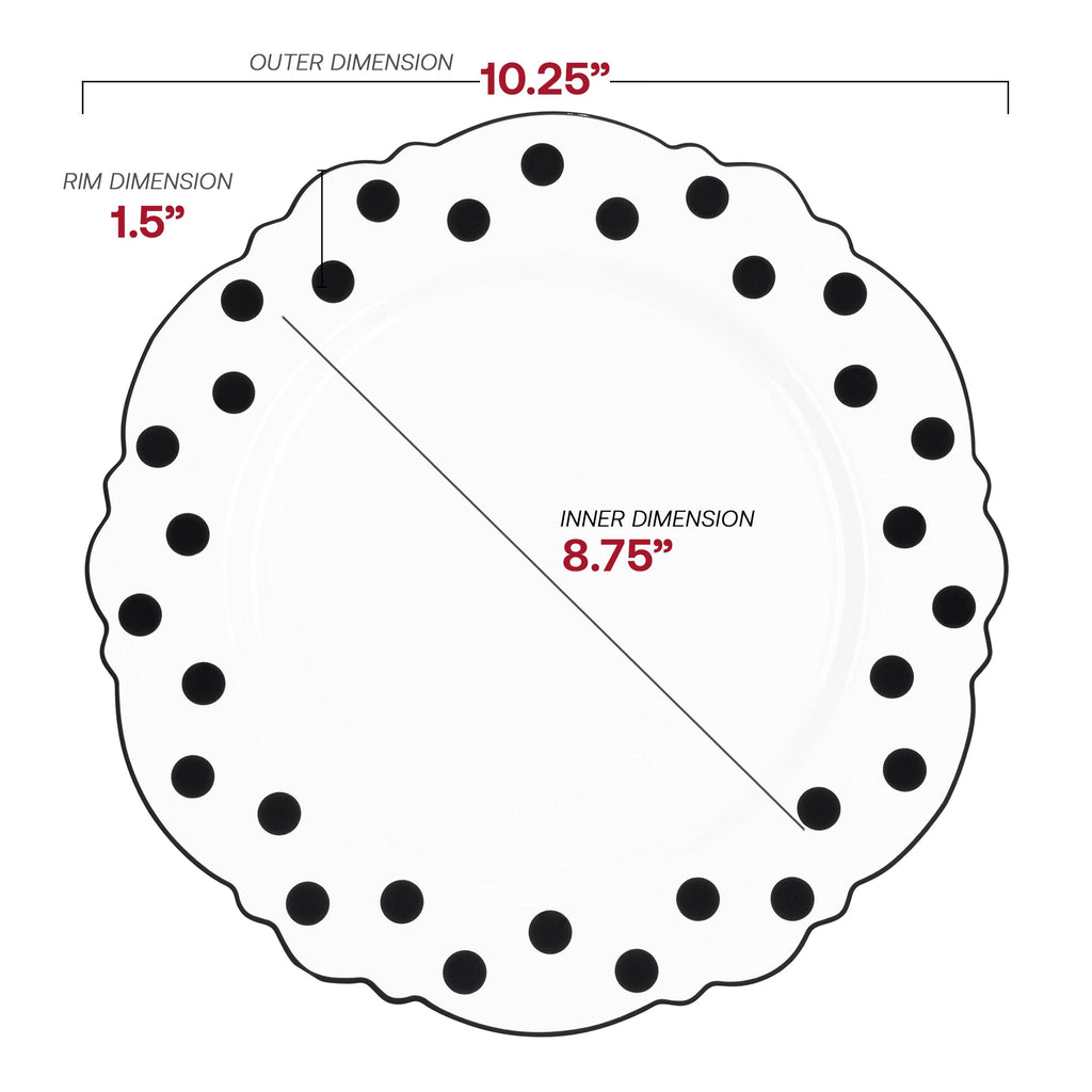 White with Black Dots Round Blossom Disposable Plastic Dinner Plates (10.25")