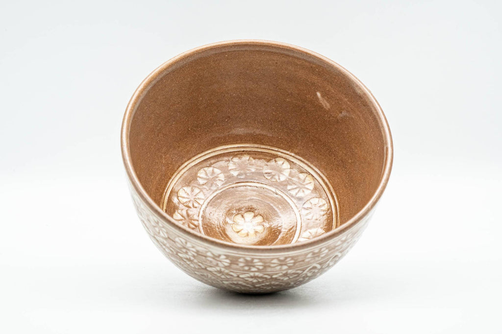 Japanese Matcha Bowl - Floral Geometric White Glazed Chawan - 300ml