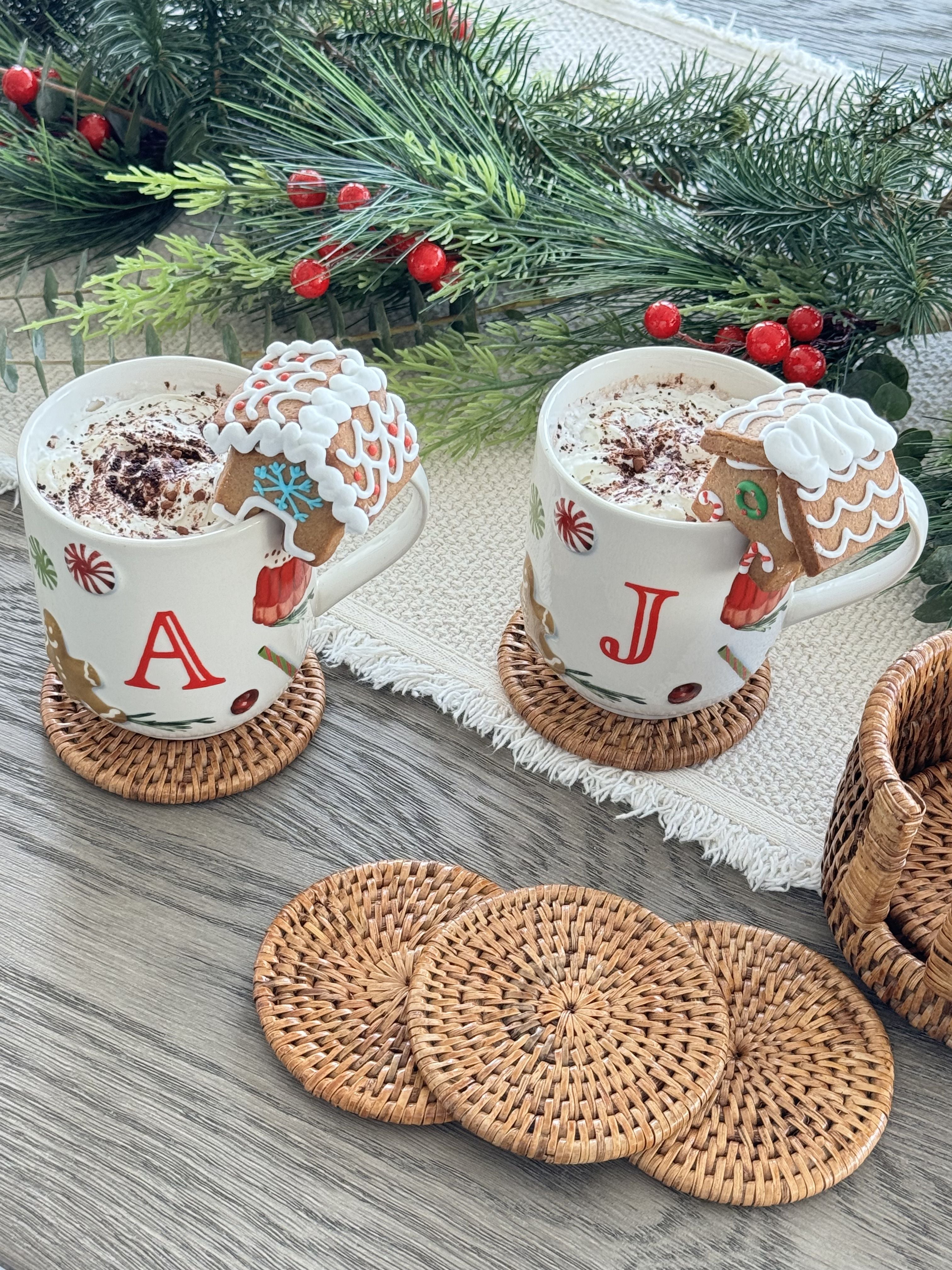 La Jolla Round Rattan Coasters with Holder, Set of 6