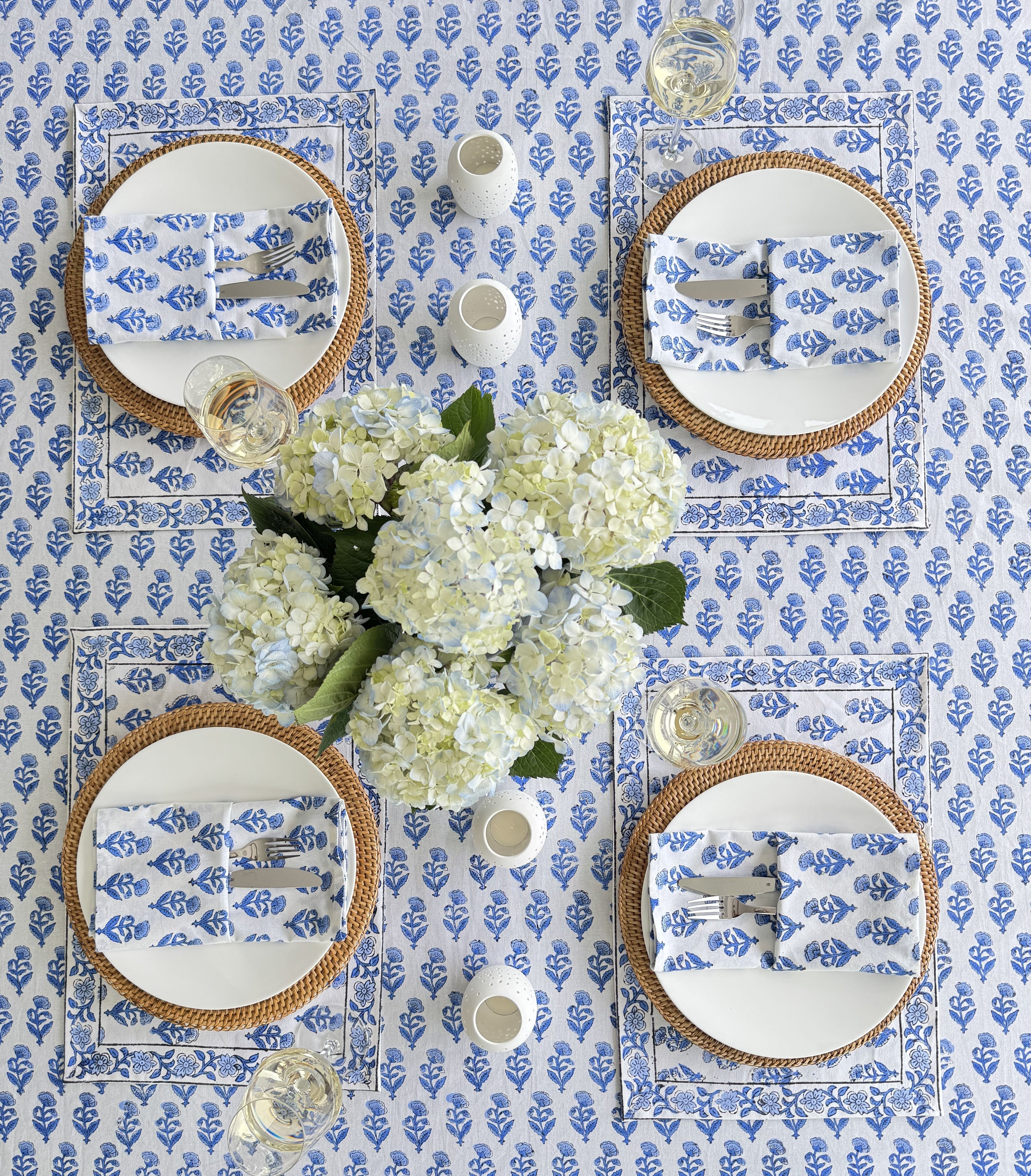 Hand Block Print Tablecloth, Blue