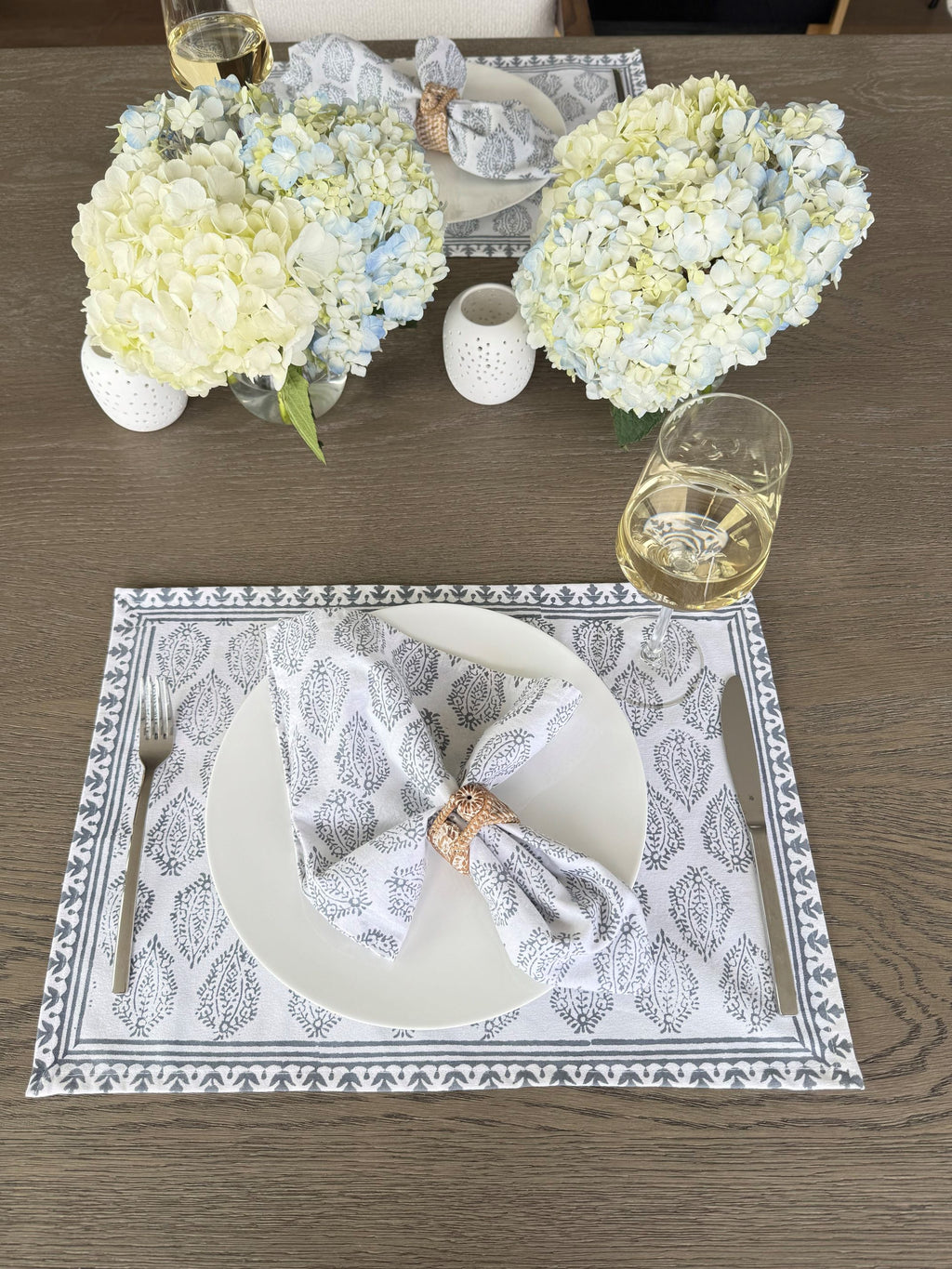 Hand Block Print Dinner Napkins, 20 inches x 20 inches, Set of 4 Pieces, Gray