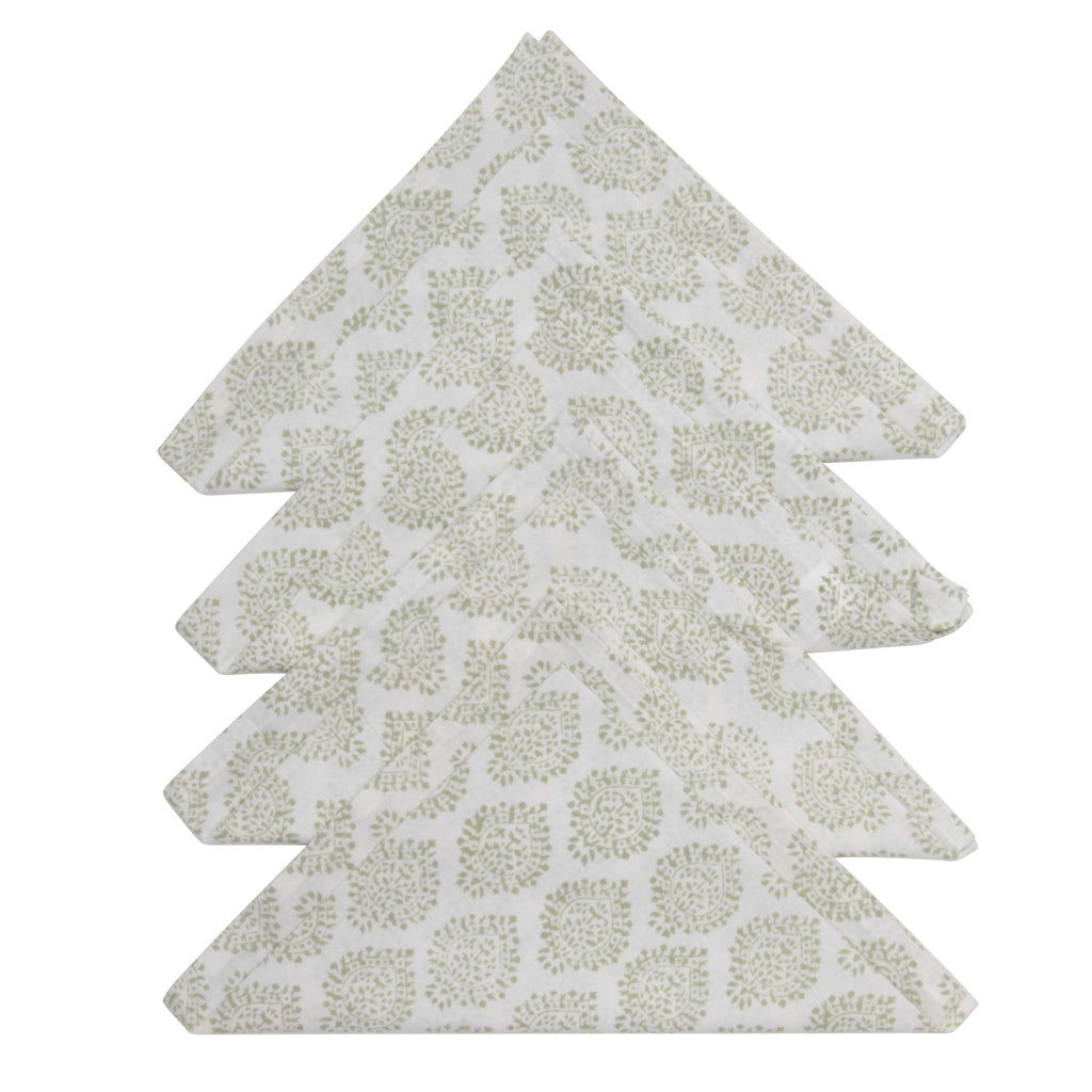 Hand Block Print Dinner Napkins, 20 inches x 20 inches, Set of 4 Pieces, Light Green