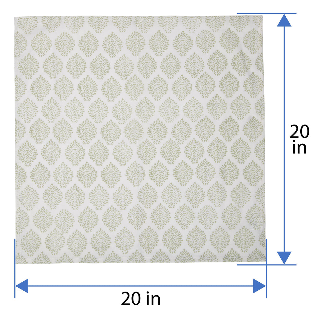 Hand Block Print Dinner Napkins, 20 inches x 20 inches, Set of 4 Pieces, Light Green