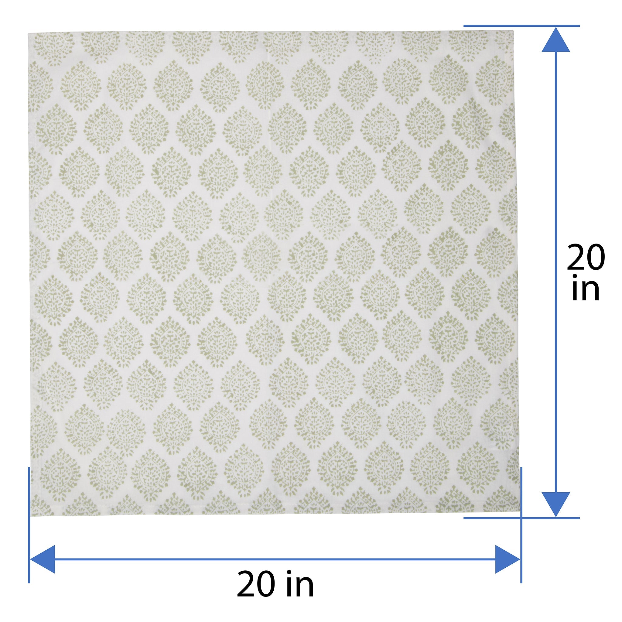 Hand Block Print Dinner Napkins, 20 inches x 20 inches, Set of 4 Pieces, Light Green