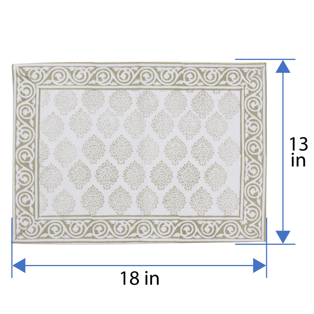 Hand Block Print Placemats, 18 inches x 13 inches, Set of 4, Light Green