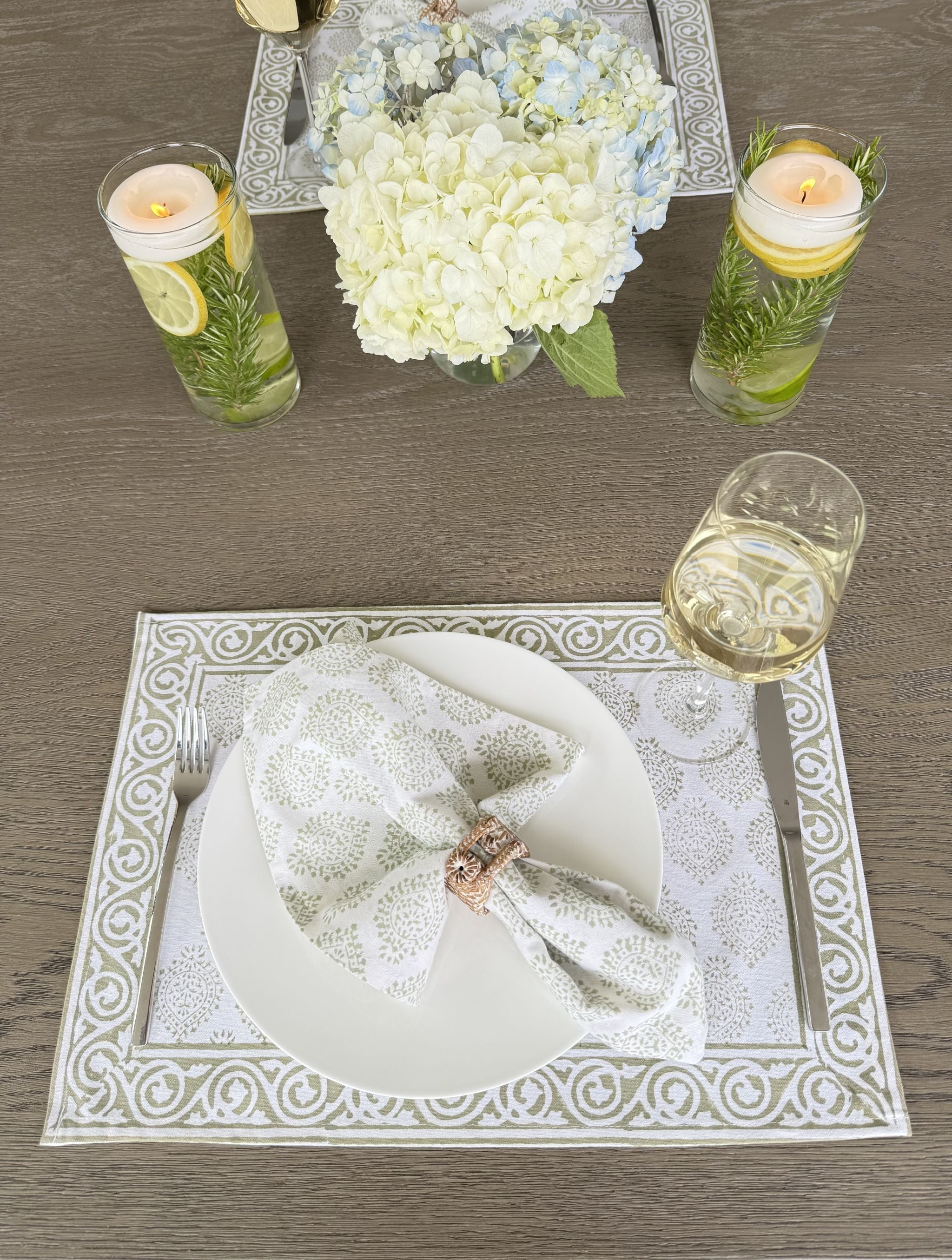 Hand Block Print Placemats, 18 inches x 13 inches, Set of 4, Light Green